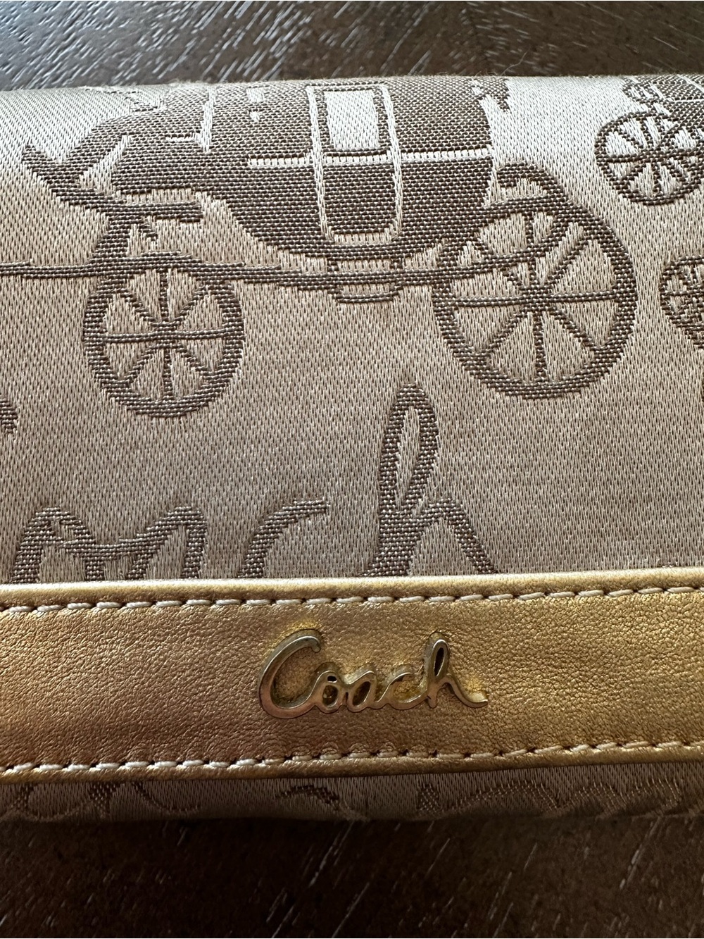 Coach Horse and Carriage fabric and metallic gold leather trim trifold wallet - Picture 2 of 16